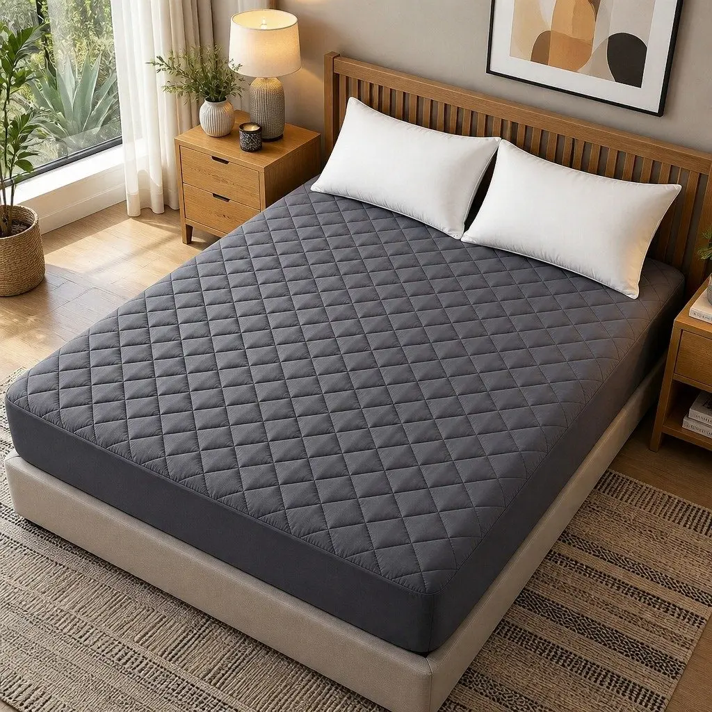 Microfiber Mattress Protector Grey Queen Size 360° Elastic Fitted Skirt Washable