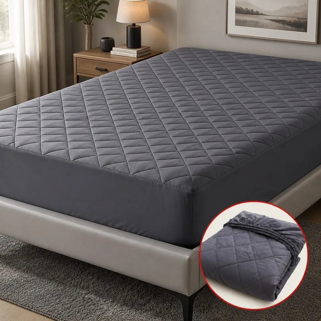 Single Mattress Protector Grey 35cm Deep Pocket Water-Resistant Fitted Elastic Skirt