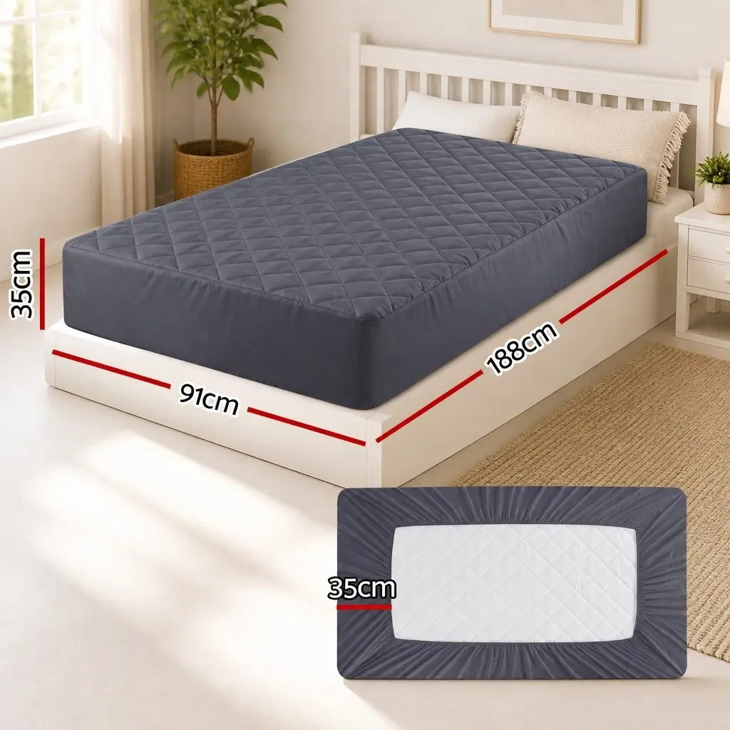 Single Mattress Protector Grey 35cm Deep Pocket Water-Resistant Fitted Elastic Skirt