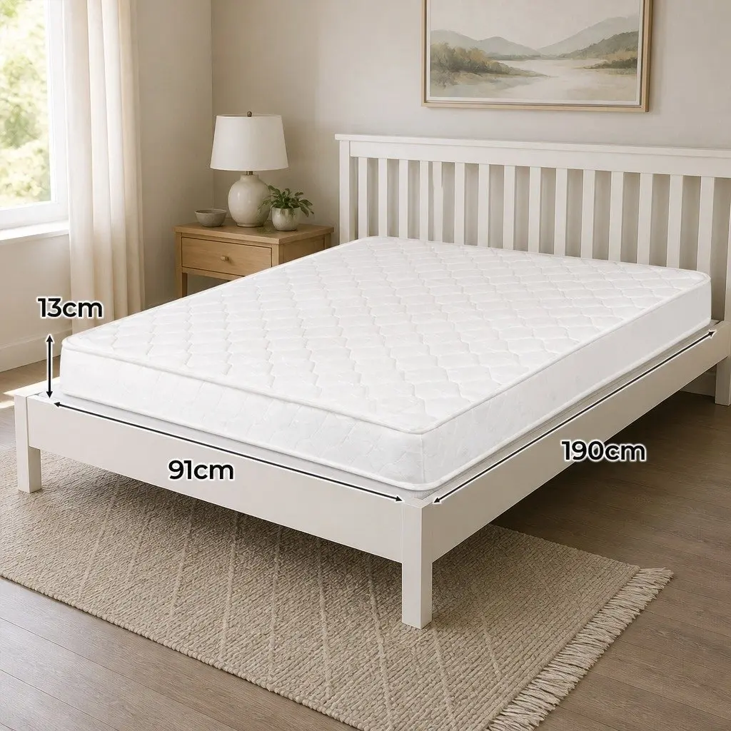 Single Mattress White 13cm High Firm Bonnell Spring Coil Foam Support
