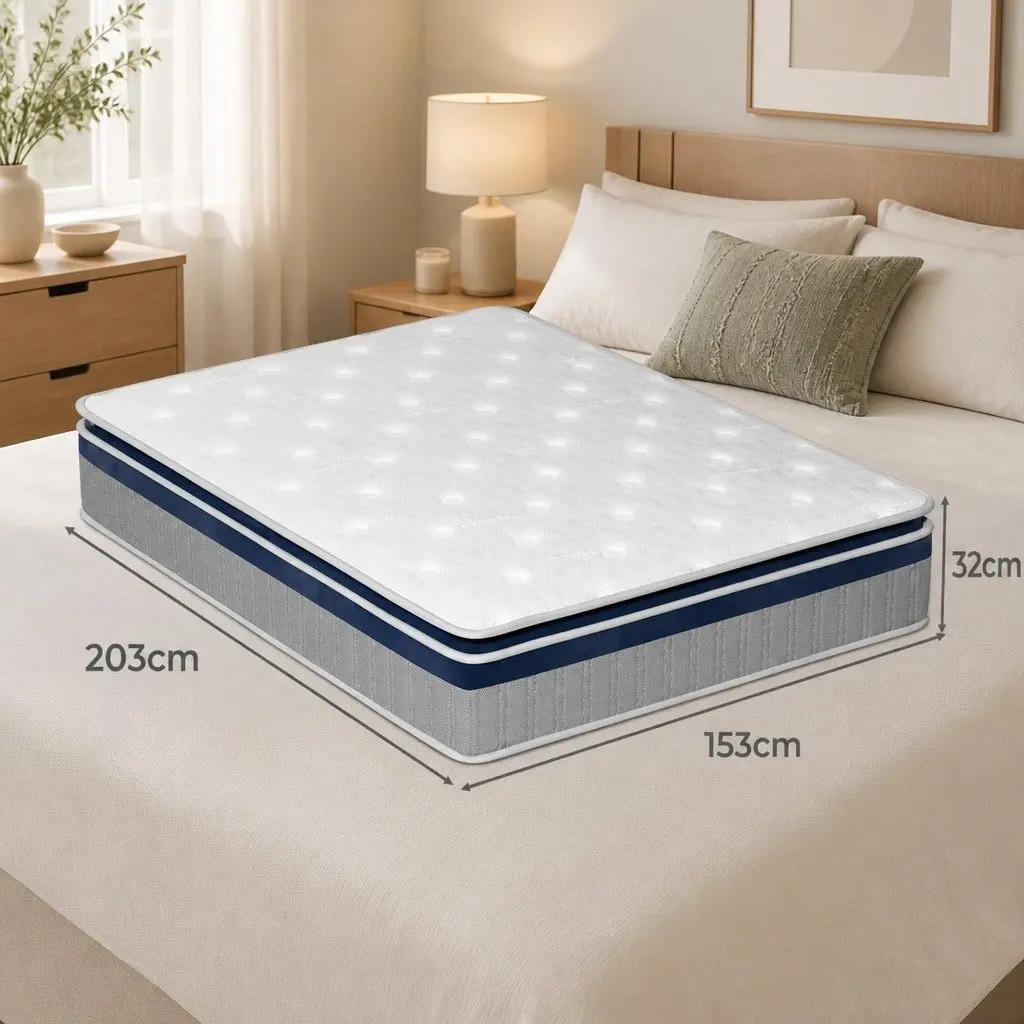 Queen Spring Mattress Pillow Top 32CM Pocket Coil Sleep Support Bed Comfort