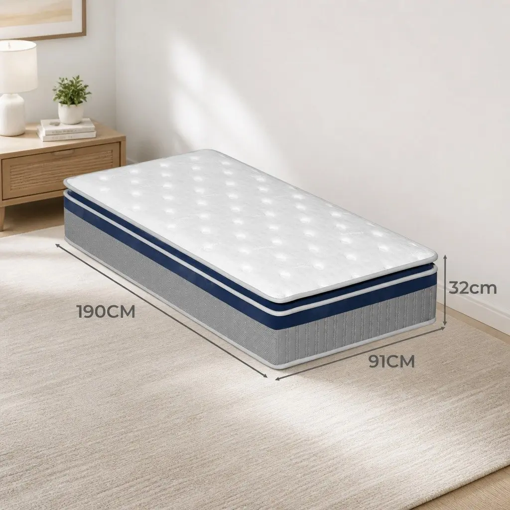 Single Pillow Top Spring Mattress 7-Zone Pocket Coil Support 32cm Thick Bed