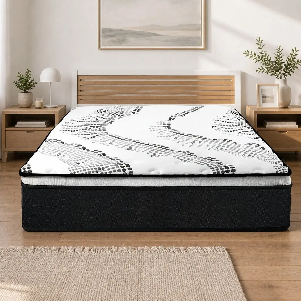 7 Zone Pocket Spring Mattress White and Black Double Bed Hybrid Foam Support Medium Firm