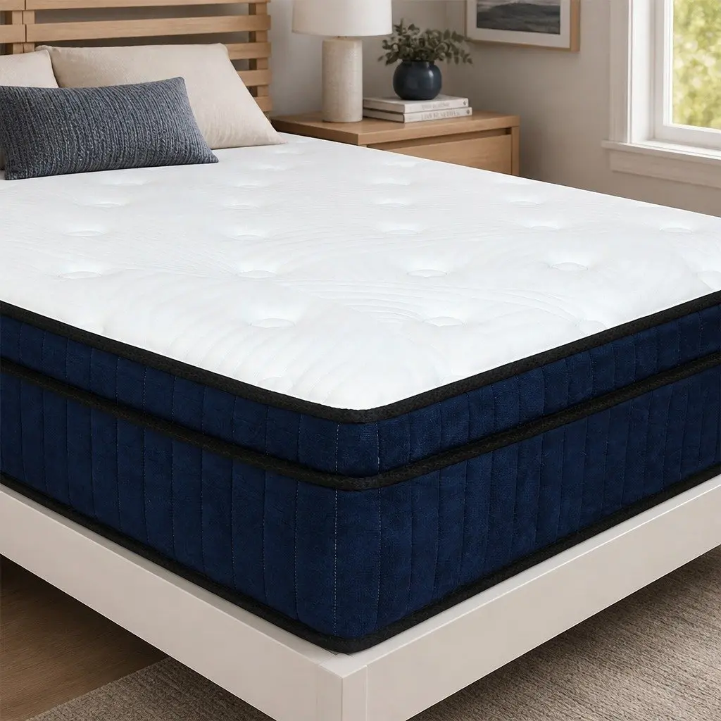 King Mattress White and Blue 203cm x 183cm Medium Firm 7 Zone Pocket Spring Hybrid Foam Support