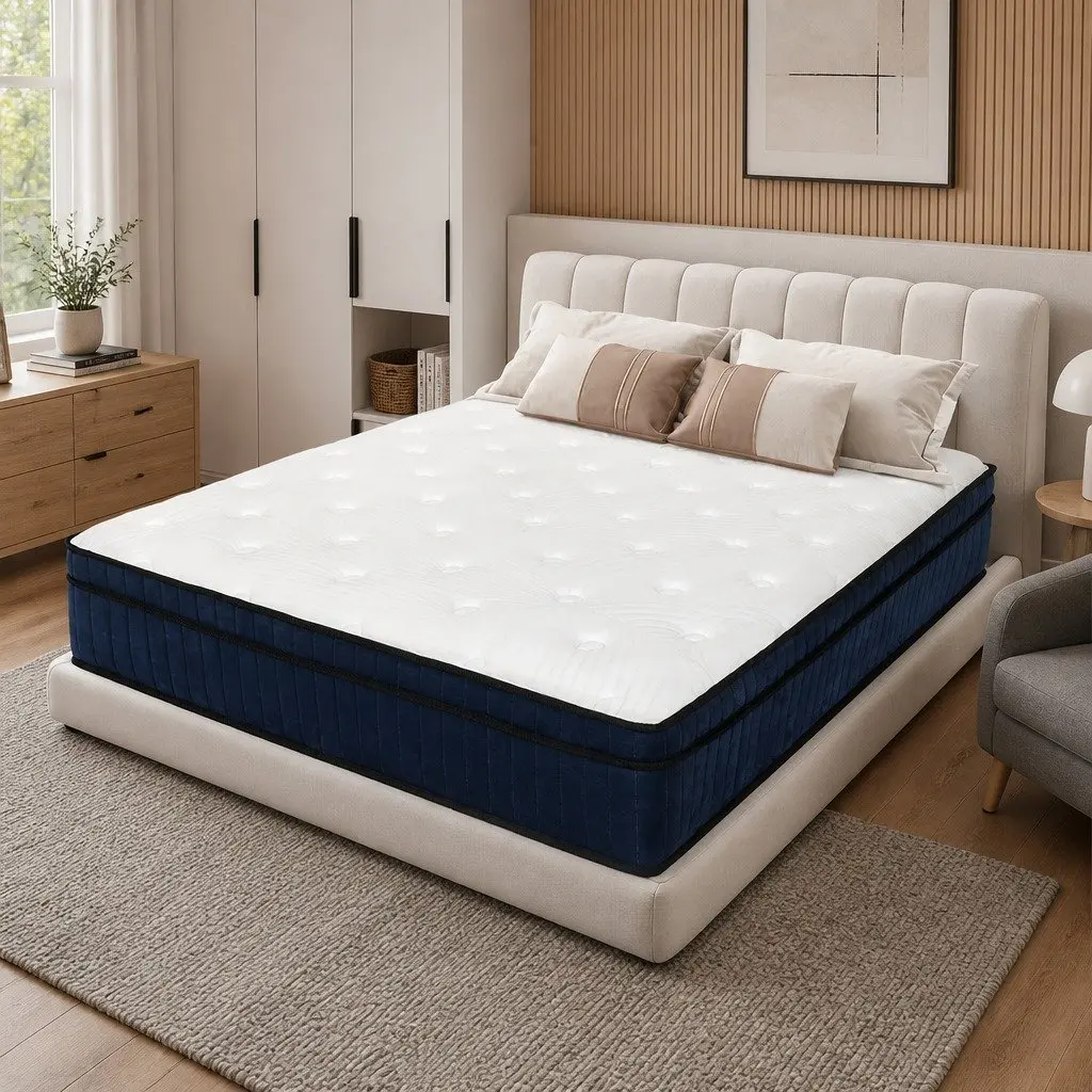 King Mattress White and Blue 203cm x 183cm Medium Firm 7 Zone Pocket Spring Hybrid Foam Support