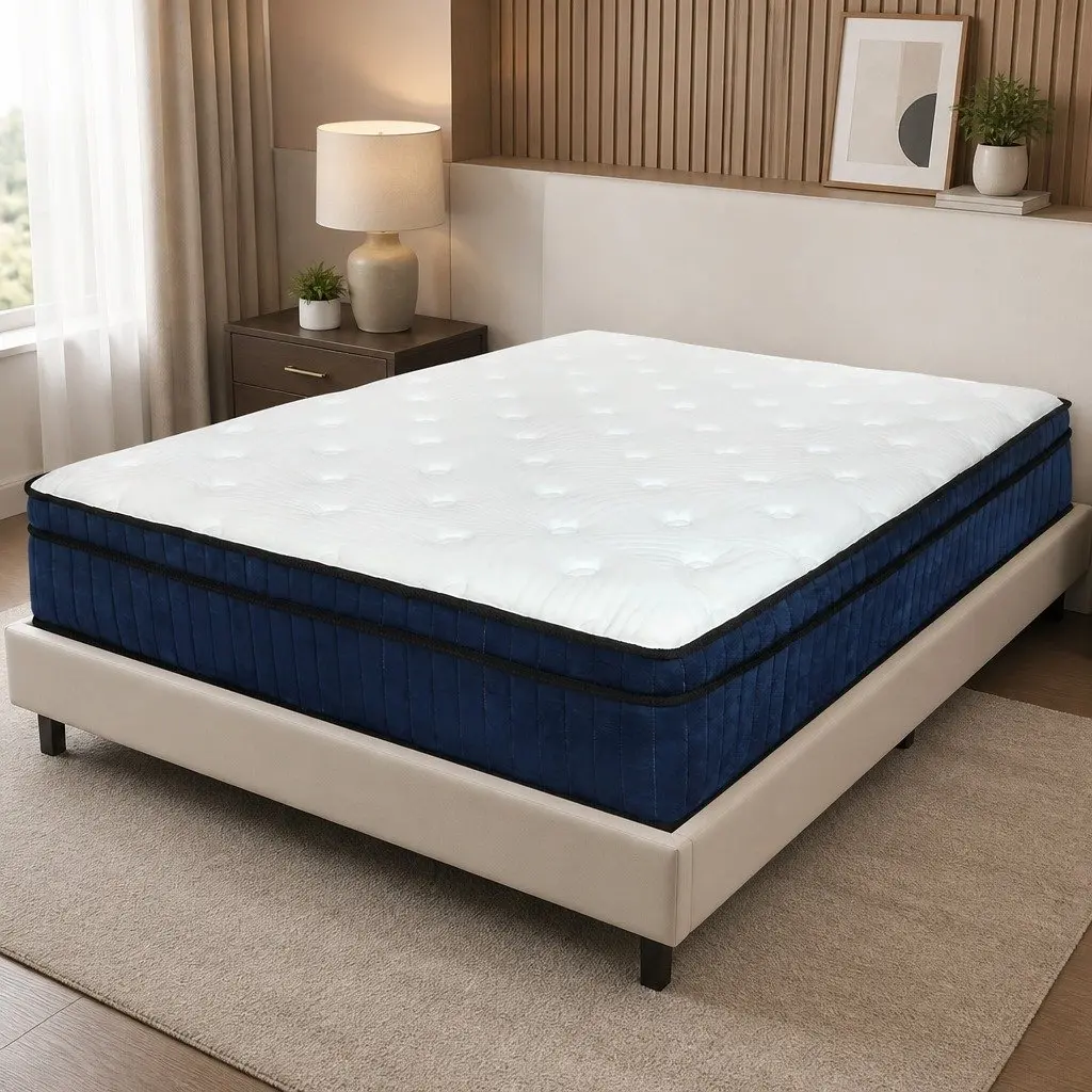 King Mattress White and Blue 203cm x 183cm Medium Firm 7 Zone Pocket Spring Hybrid Foam Support