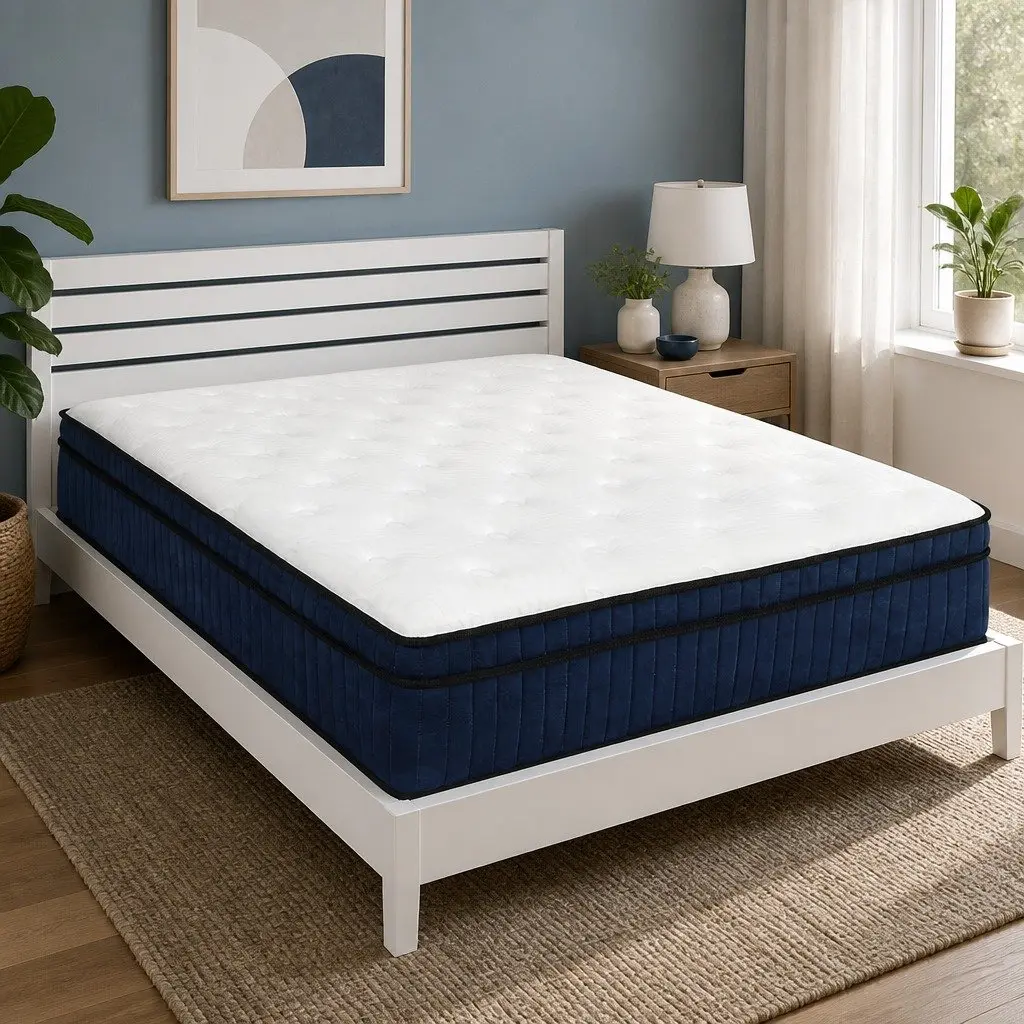 Queen Size Mattress White and Blue 34cm 7 Zone Pocket Spring Medium Firm Hybrid Foam Support