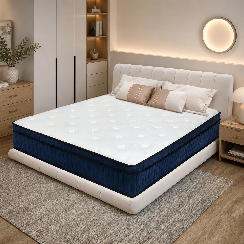 Queen Size Mattress White and Blue 34cm 7 Zone Pocket Spring Medium Firm Hybrid Foam Support