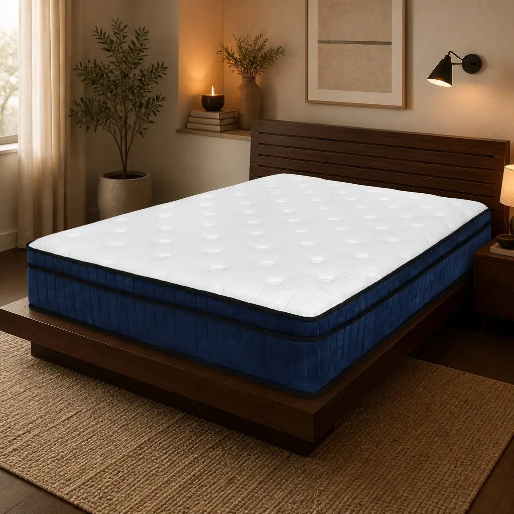 Queen Size Mattress White and Blue 34cm 7 Zone Pocket Spring Medium Firm Hybrid Foam Support