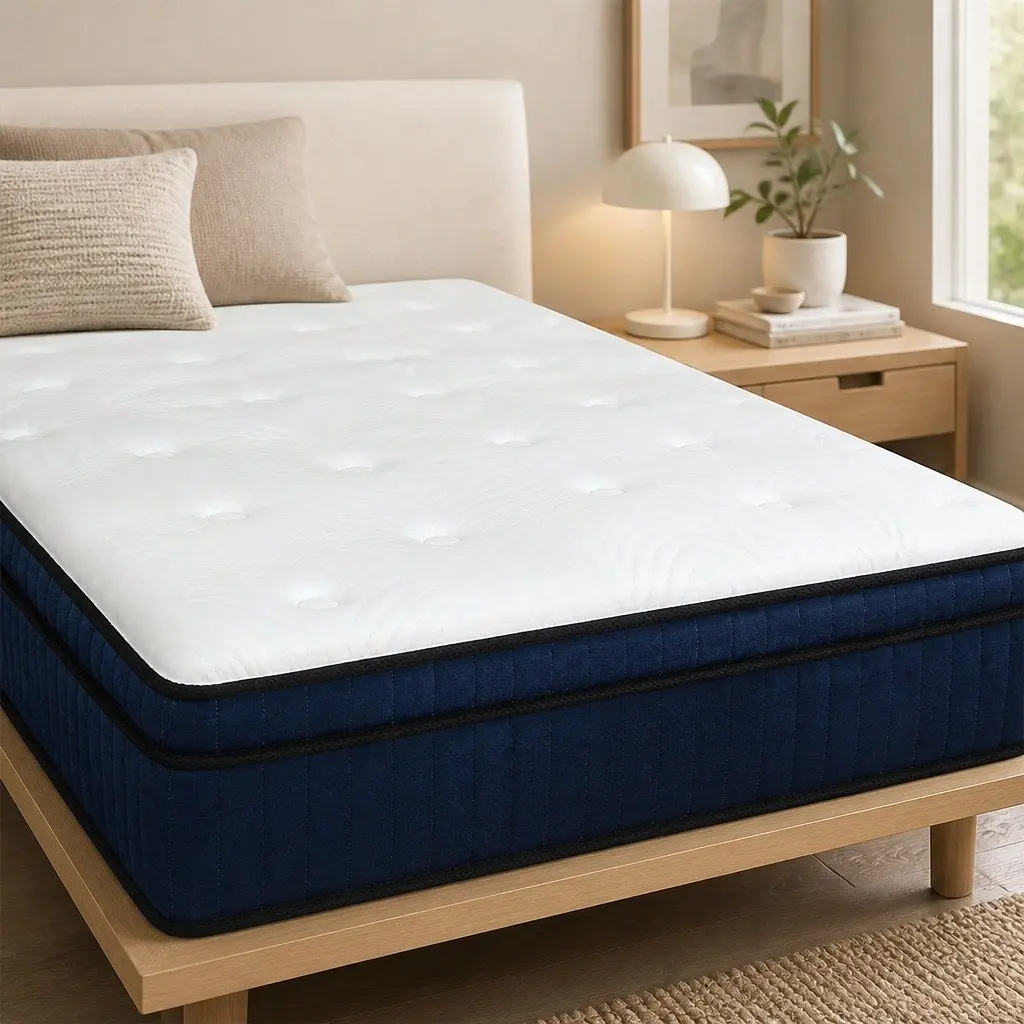 7 Zone Pocket Spring Mattress White and Blue Single Bed Hybrid Foam Orthopedic Support Medium Firm 34cm Profile