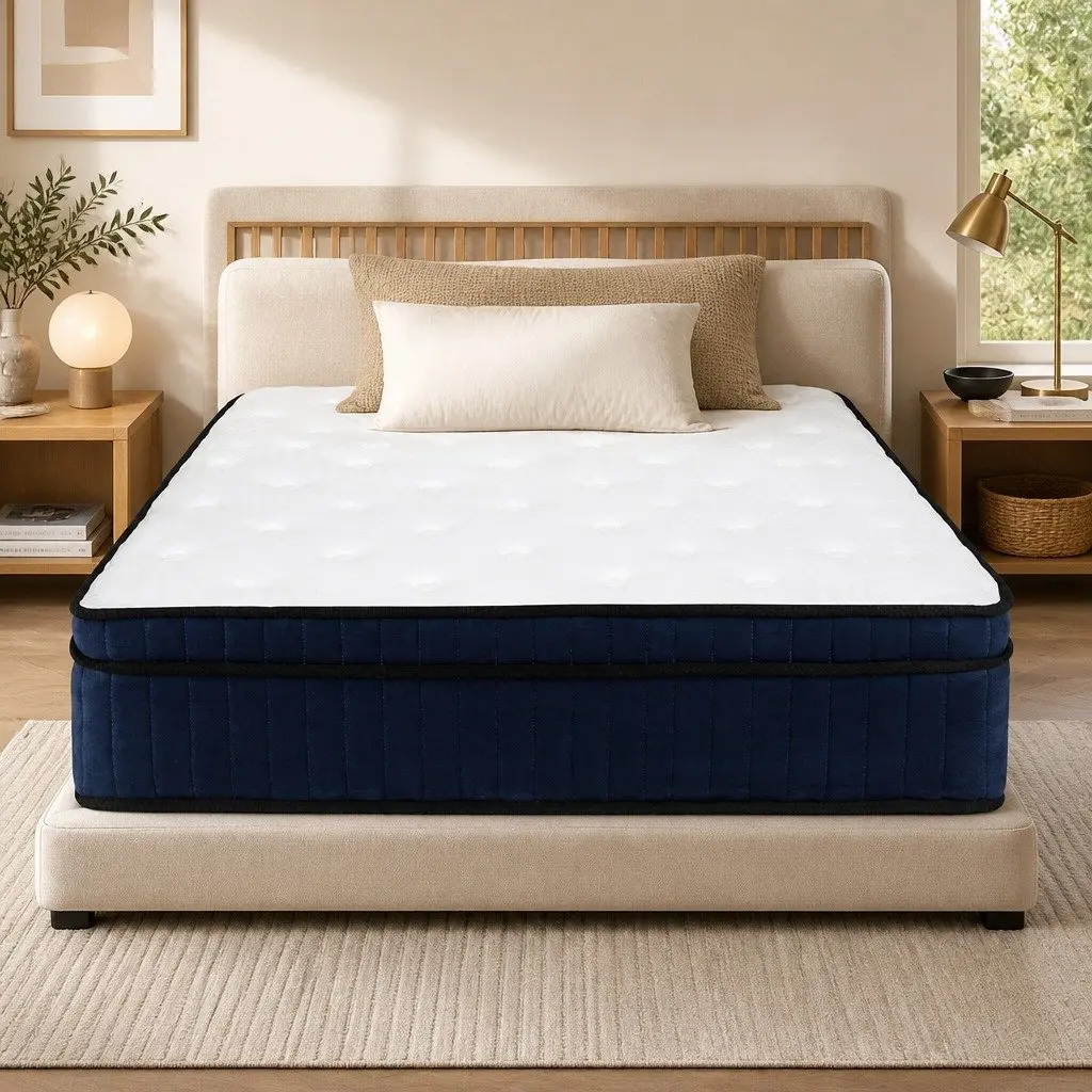 7 Zone Pocket Spring Mattress White and Blue Single Bed Hybrid Foam Orthopedic Support Medium Firm 34cm Profile