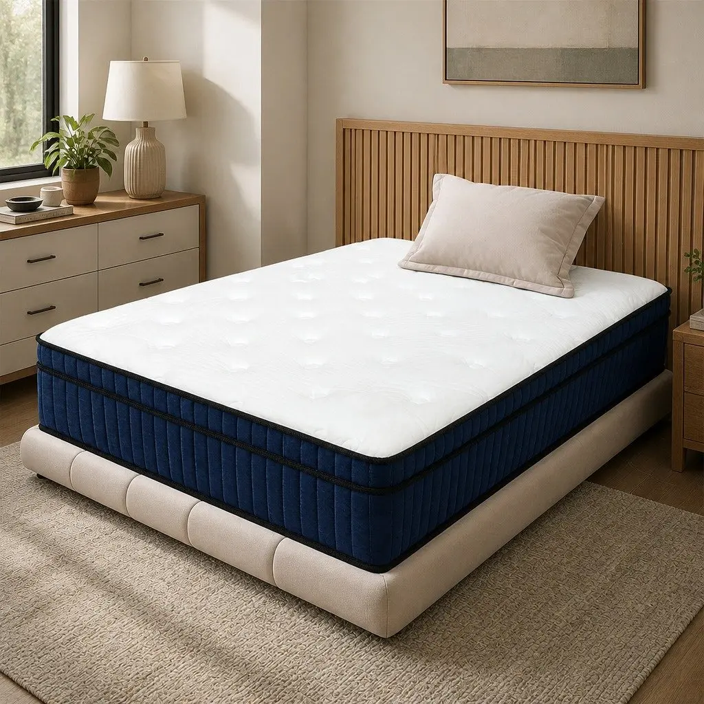 7 Zone Pocket Spring Mattress White and Blue Single Bed Hybrid Foam Orthopedic Support Medium Firm 34cm Profile