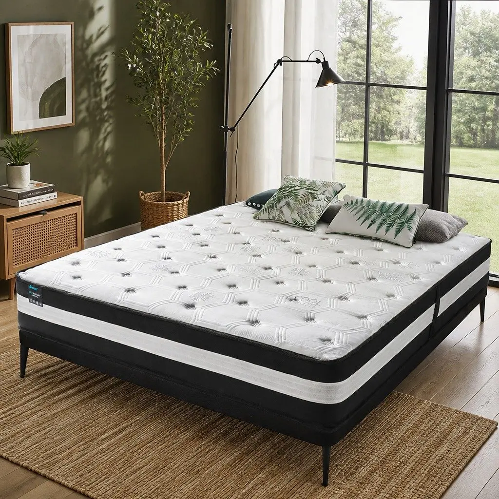 Pocket Spring Mattress Black 25cm Medium Firm Cool Gel Ice Silk 5 Zone Support