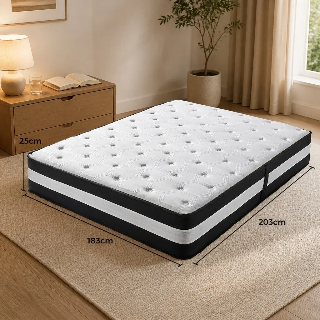 King Mattress Black White 25cm Medium Firm 5 Zone Pocket Spring Cooling Gel