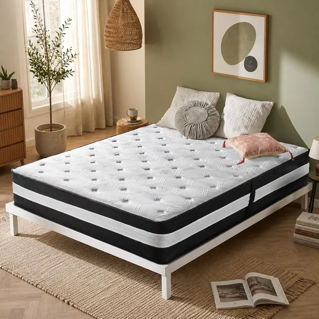 King Mattress Black White 25cm Medium Firm 5 Zone Pocket Spring Cooling Gel