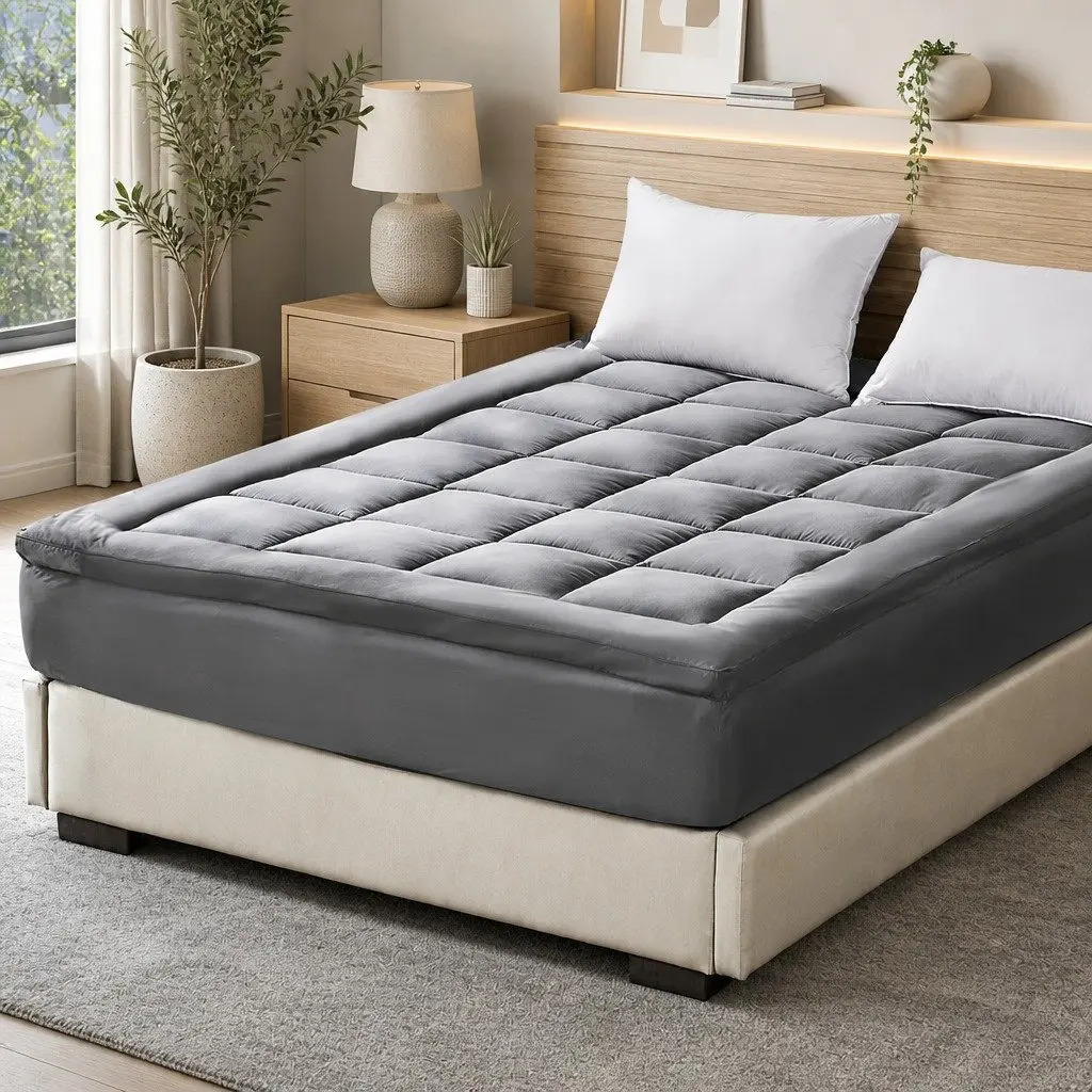 Mattress Topper Charcoal King Single Fitted Elastic Edge Bamboo Charcoal Fibre 1000GSM