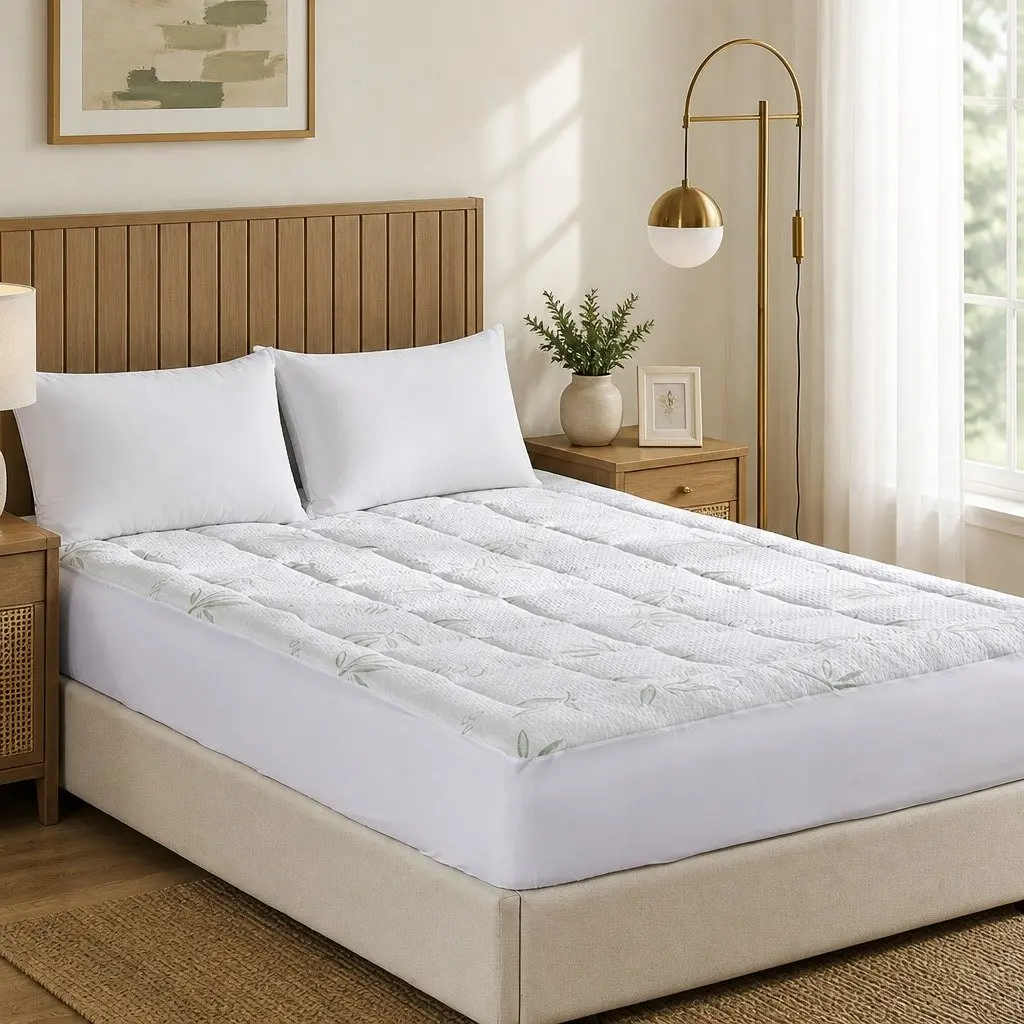 Bamboo Mattress Topper White Queen Size Fitted Cooling Sleep Protector