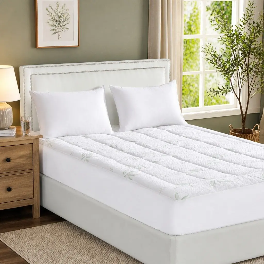 Bamboo Mattress Topper White Queen Size Fitted Cooling Sleep Protector