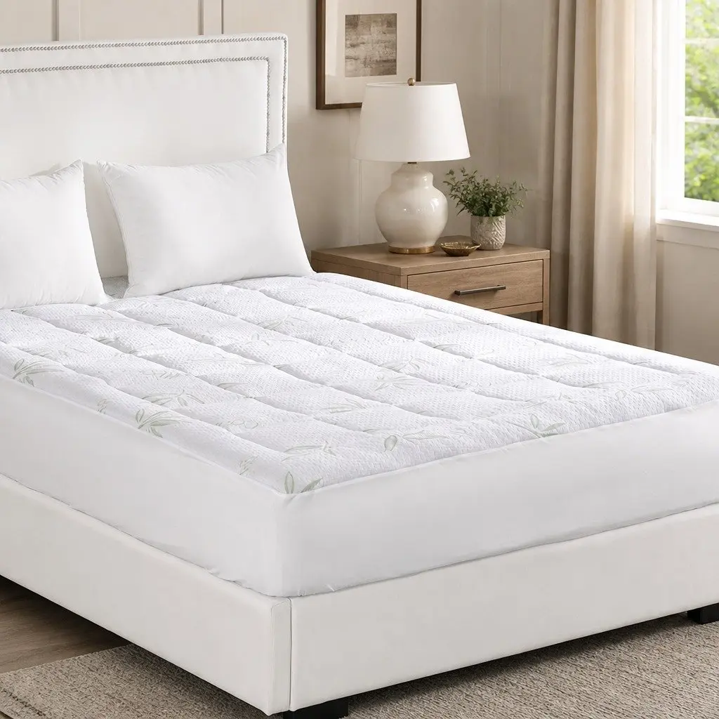 Single White Bamboo Pillowtop Mattress Topper Fitted Cooling Protector