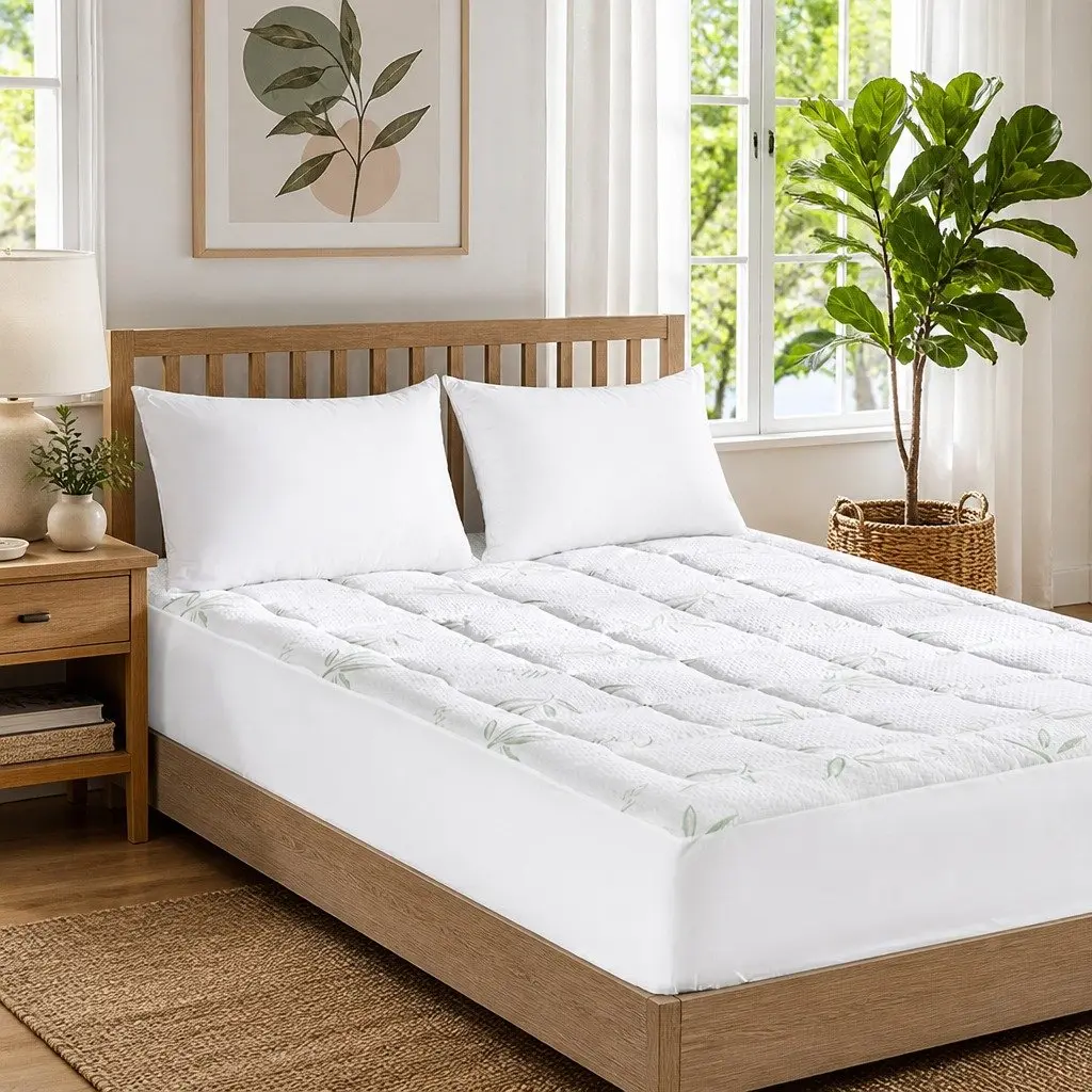 Single White Bamboo Pillowtop Mattress Topper Fitted Cooling Protector