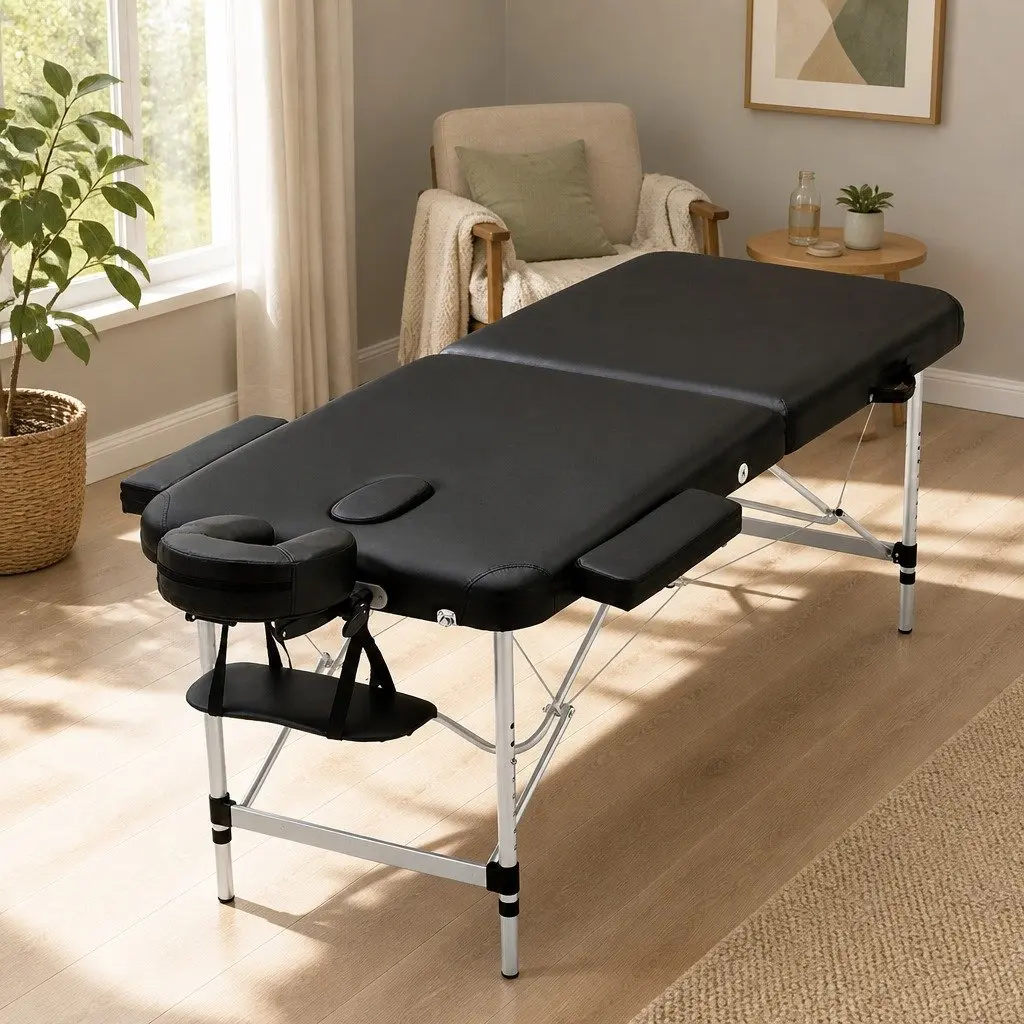 Massage Table 55cm Portable 2 Fold Aluminium Beauty Bed Therapy Black