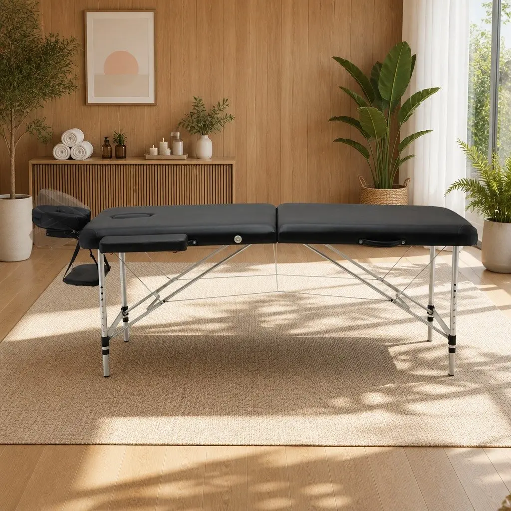 Portable Massage Table 70cm 2 Fold Aluminium Beauty Bed Therapy Couch Black