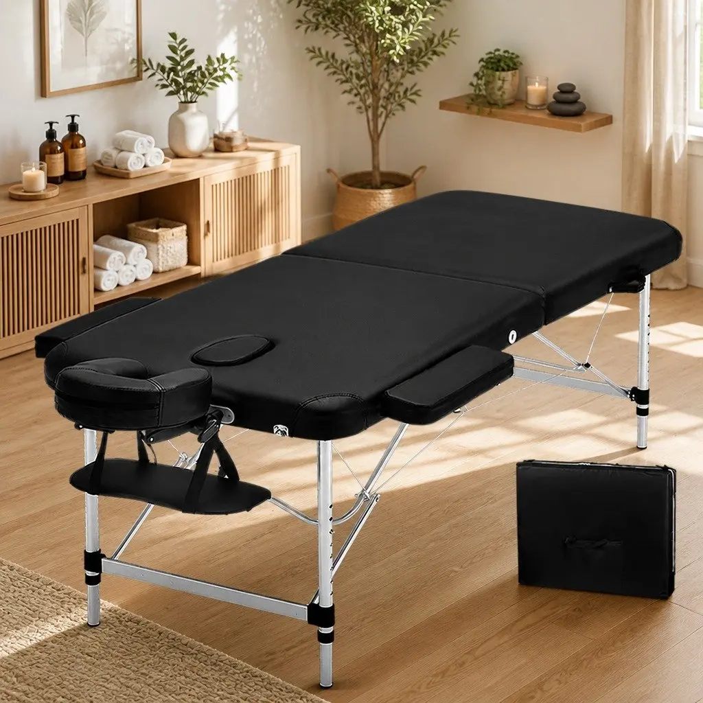 Portable Massage Table Black 75cm Wide 2 Fold Aluminium Adjustable Height