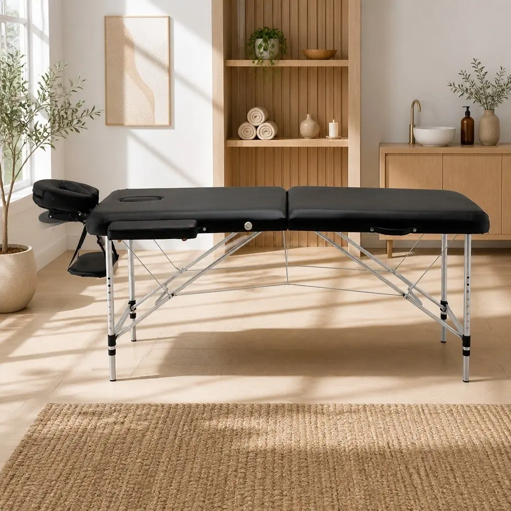 Portable Massage Table Black 75cm Wide 2 Fold Aluminium Adjustable Height