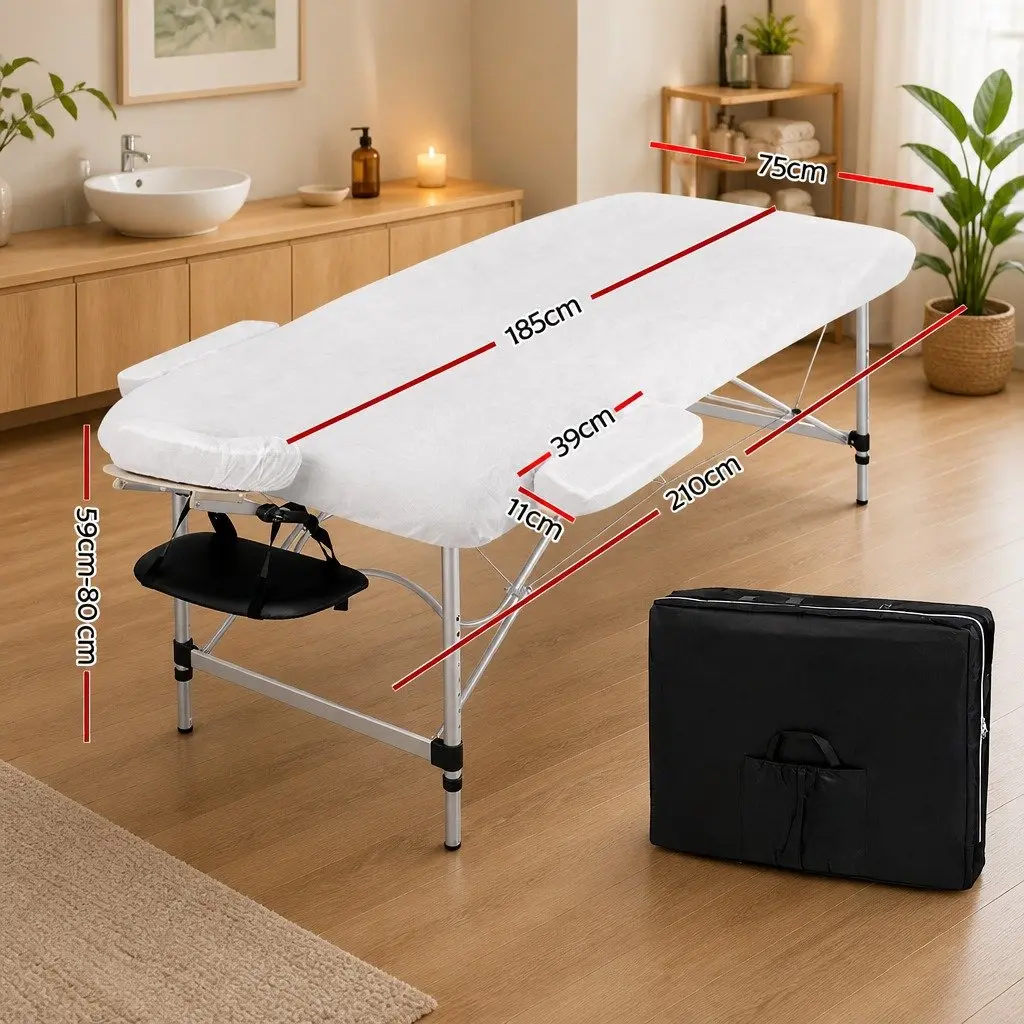 Portable Massage Table Black 75cm Wide 2 Fold Aluminium Adjustable Height