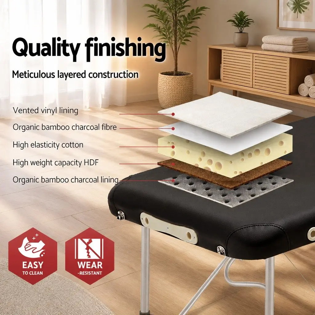 Portable Massage Table Black 75cm Wide 2 Fold Aluminium Adjustable Height
