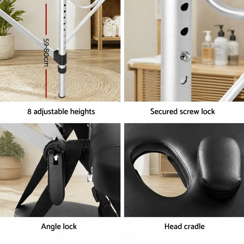 Portable Massage Table Black 75cm Wide 2 Fold Aluminium Adjustable Height