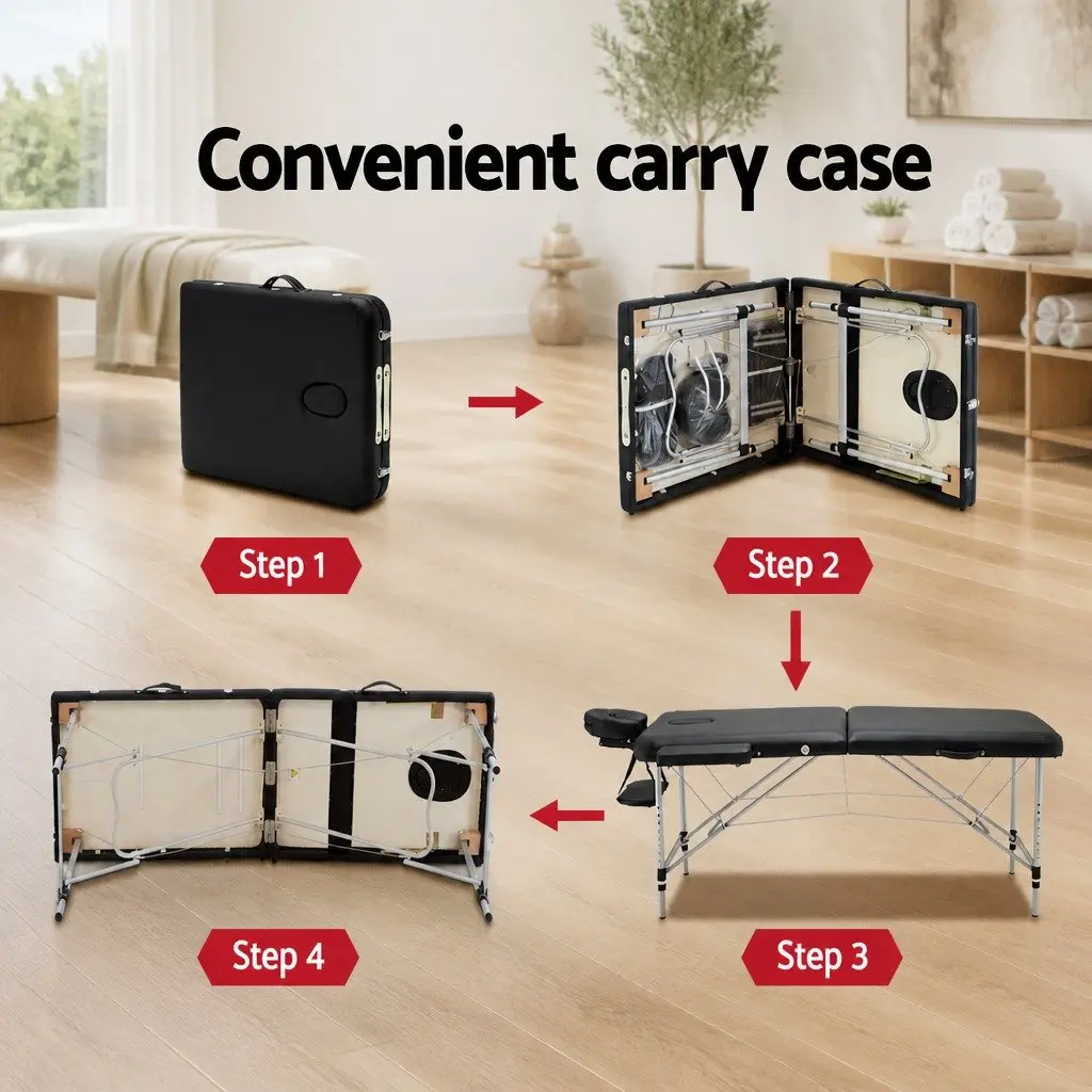 Portable Massage Table Black 75cm Wide 2 Fold Aluminium Adjustable Height