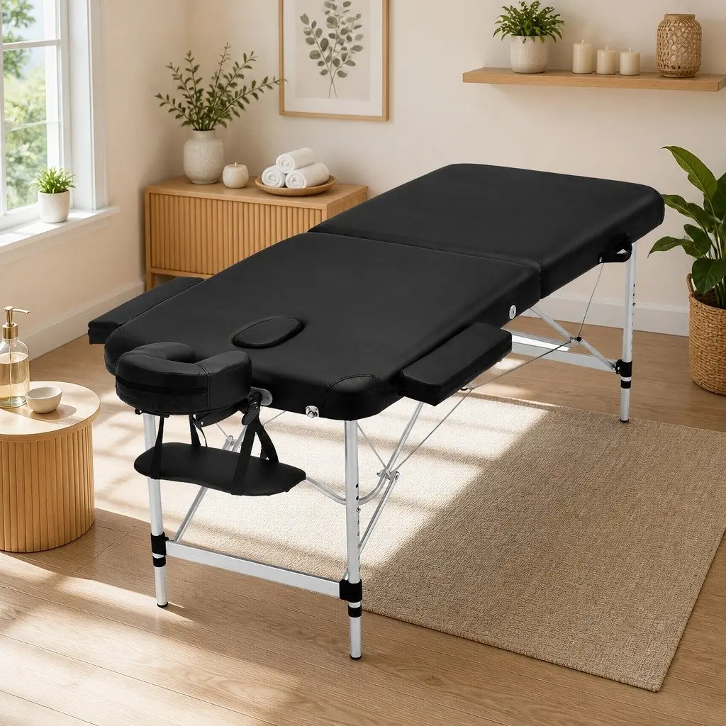 Portable Massage Table Black 75cm Wide 2 Fold Aluminium Adjustable Height