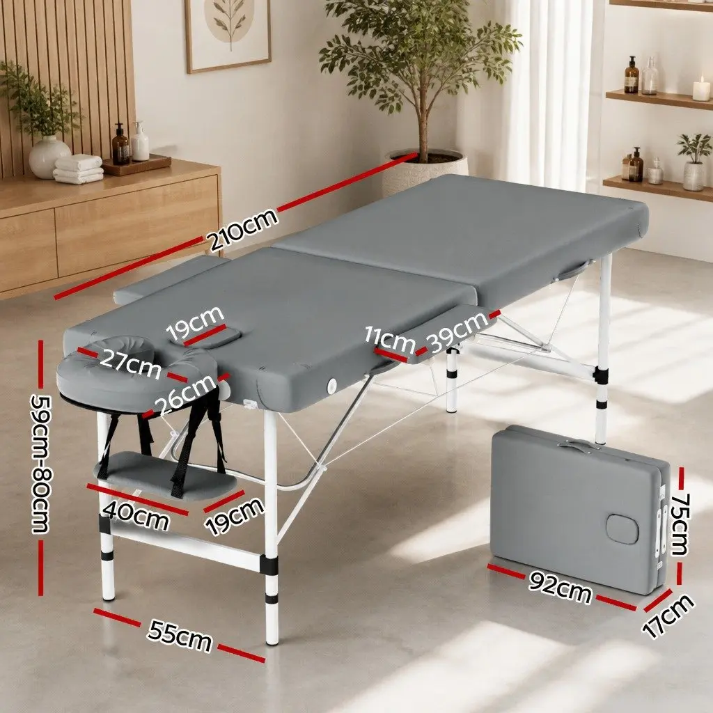 Massage Table Grey 55cm Portable 2 Fold Aluminium with Removable Face Cradle and Arm Rest