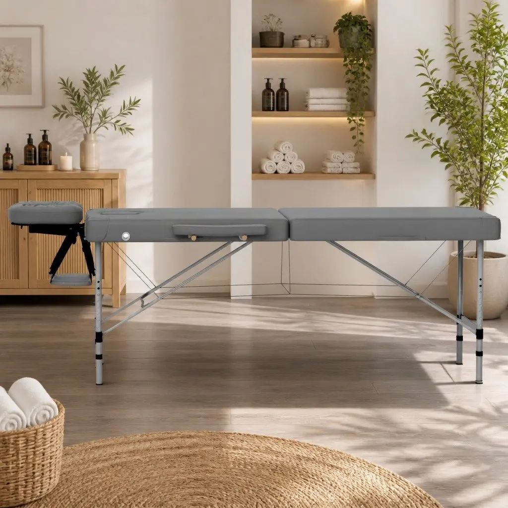 Massage Table Grey 55cm Portable 2 Fold Aluminium with Removable Face Cradle and Arm Rest