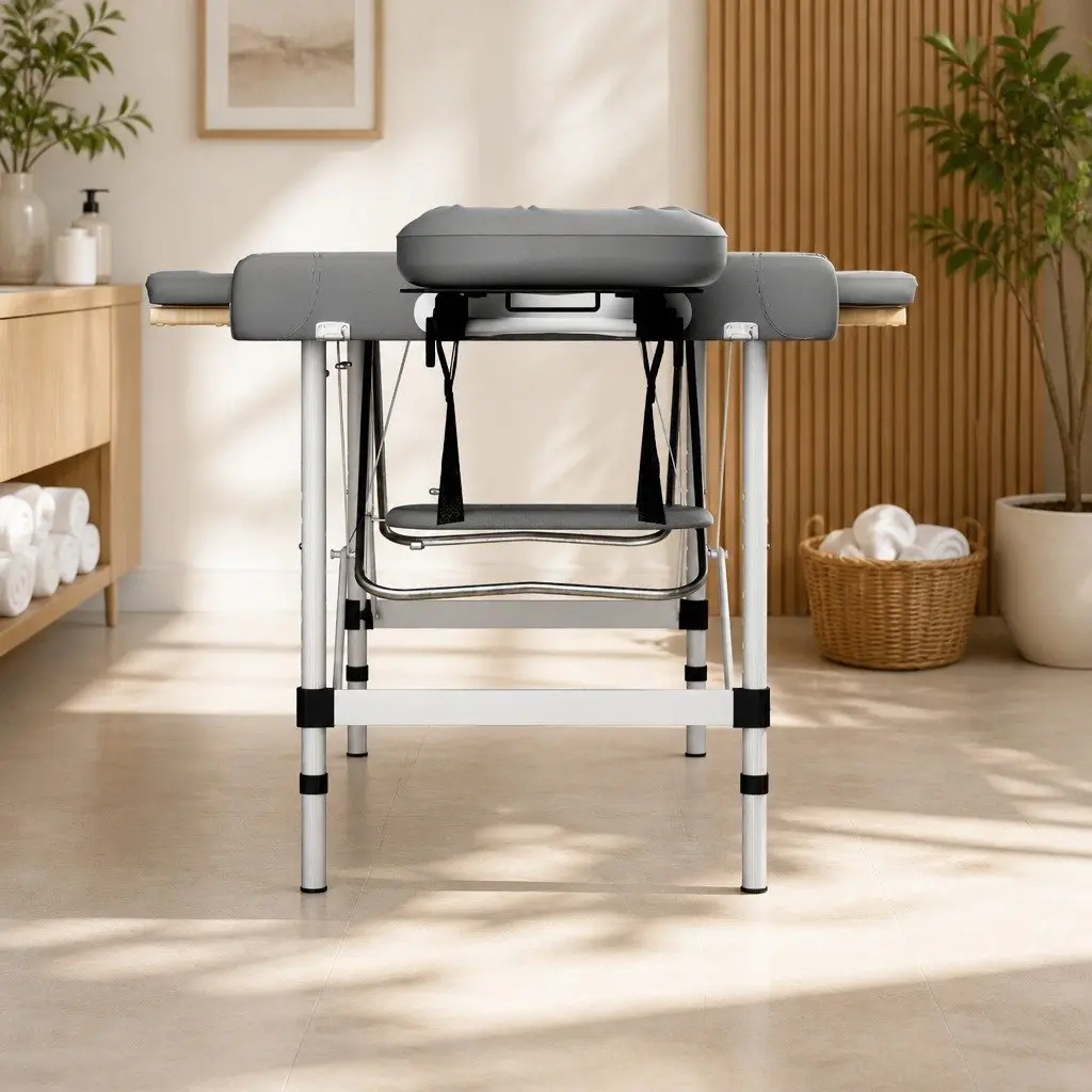 Massage Table Grey 55cm Portable 2 Fold Aluminium with Removable Face Cradle and Arm Rest