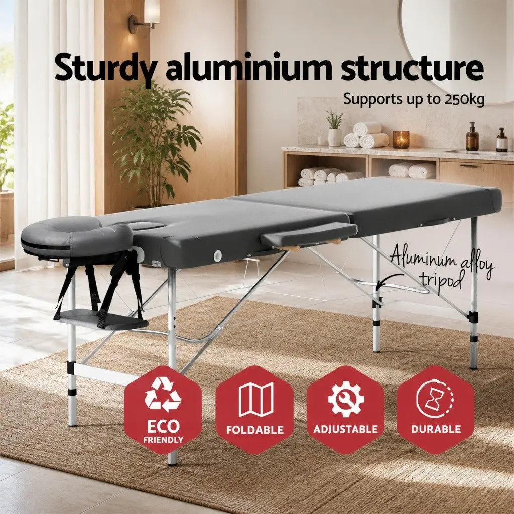 Massage Table Grey 55cm Portable 2 Fold Aluminium with Removable Face Cradle and Arm Rest