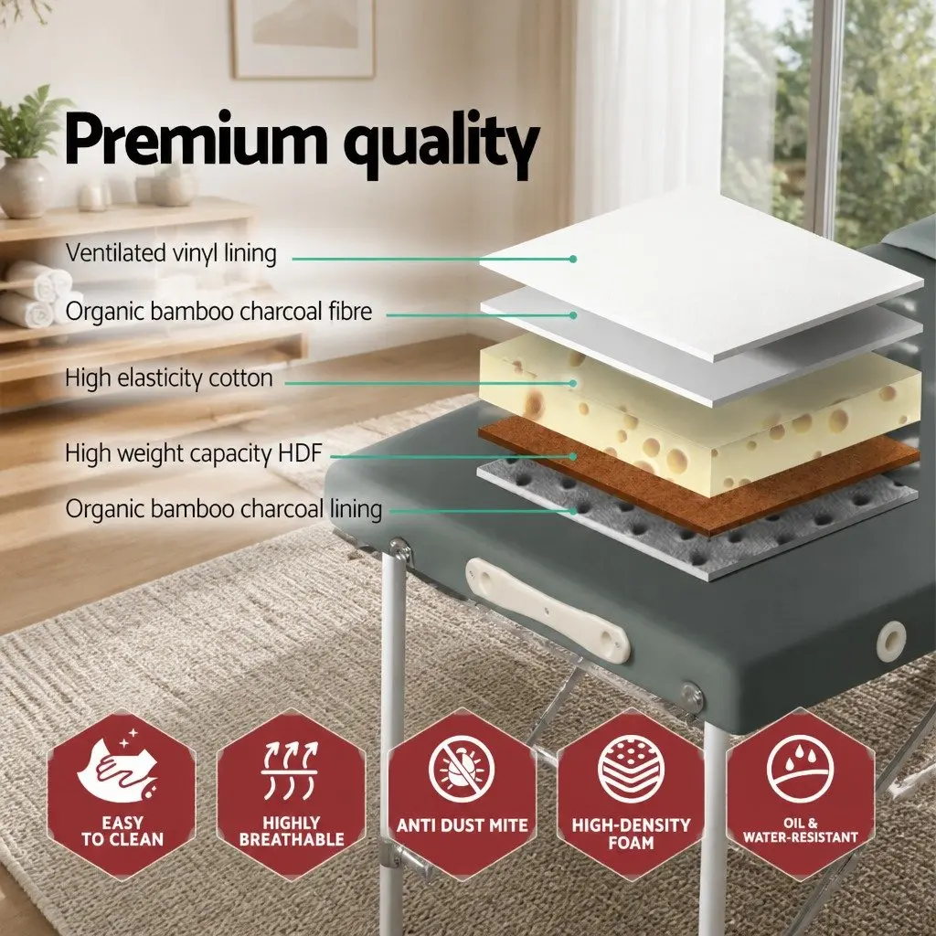 Massage Table Grey 55cm Portable 2 Fold Aluminium with Removable Face Cradle and Arm Rest