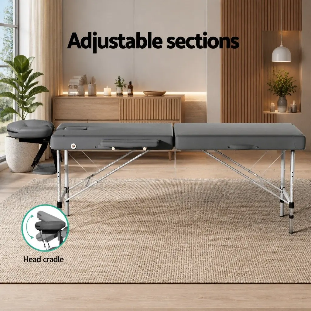 Massage Table Grey 55cm Portable 2 Fold Aluminium with Removable Face Cradle and Arm Rest