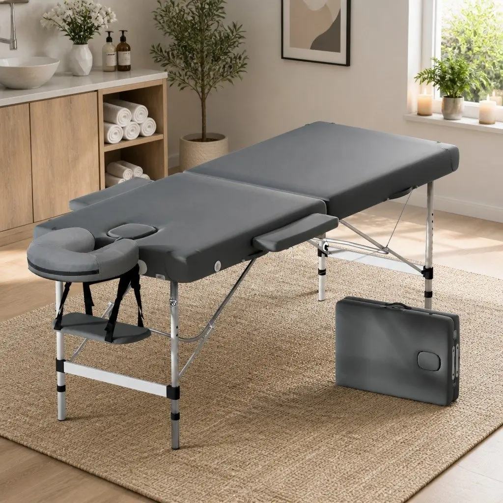 Massage Table Grey 55cm Portable 2 Fold Aluminium with Removable Face Cradle and Arm Rest
