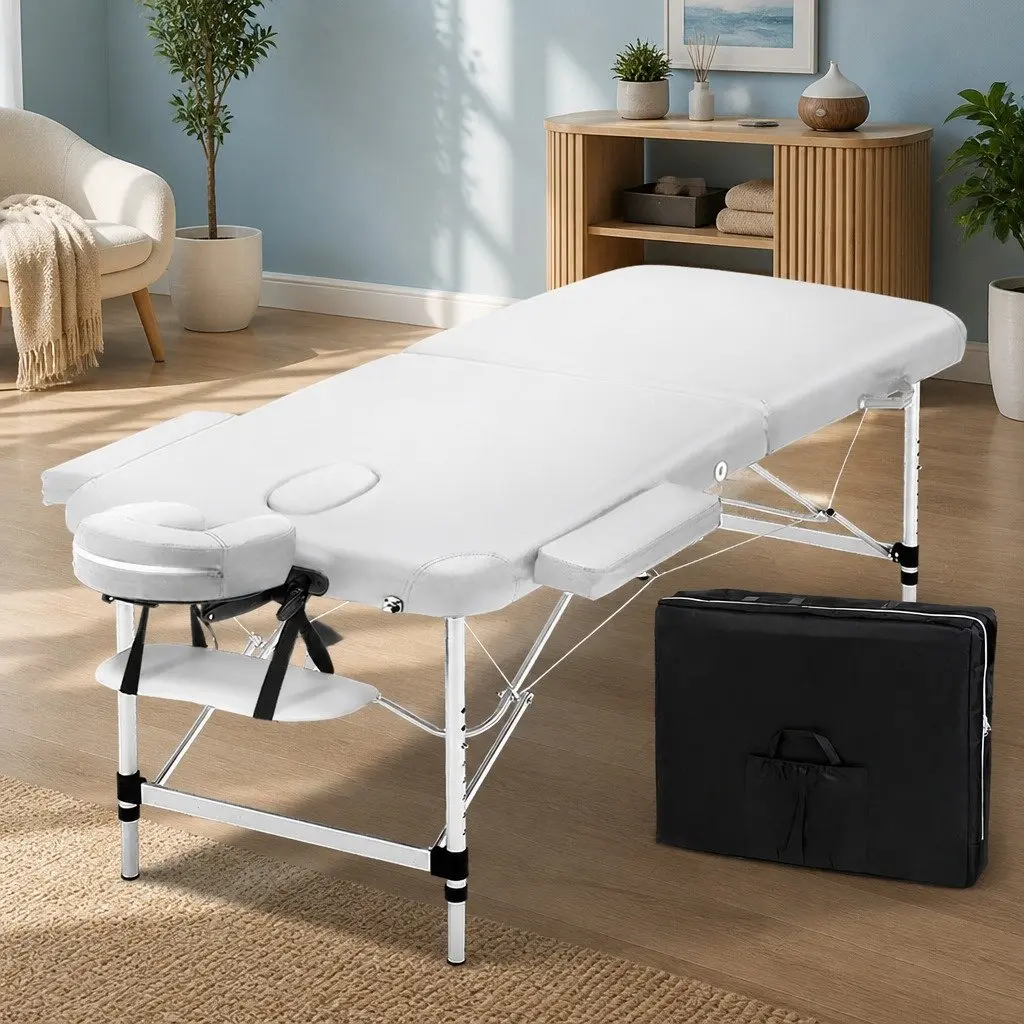 Massage Table White 75cm Portable 2 Fold Aluminium Adjustable Height