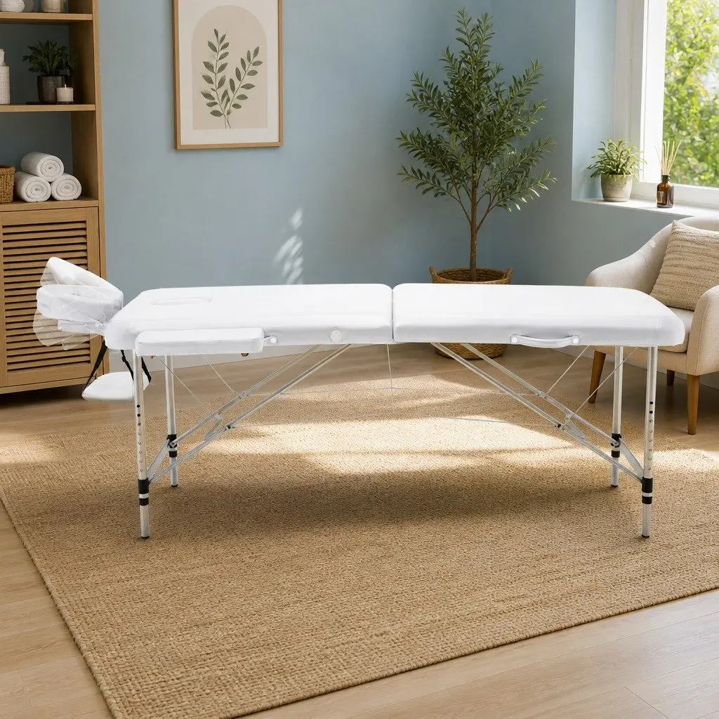 Massage Table White 75cm Portable 2 Fold Aluminium Adjustable Height