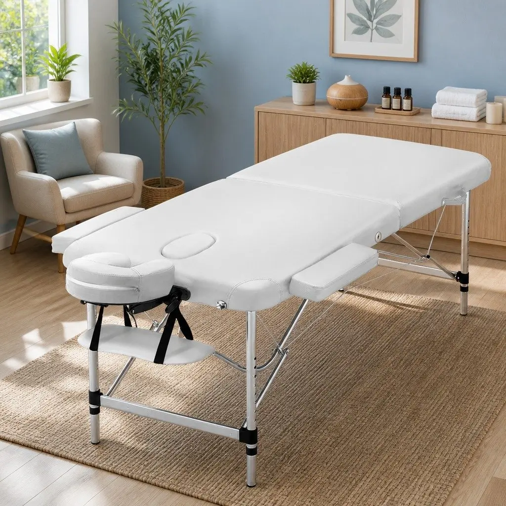 Massage Table White 75cm Portable 2 Fold Aluminium Adjustable Height