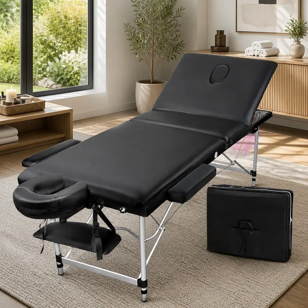 Portable Massage Table Black 60cm 3 Fold Aluminium Lightweight Adjustable Height