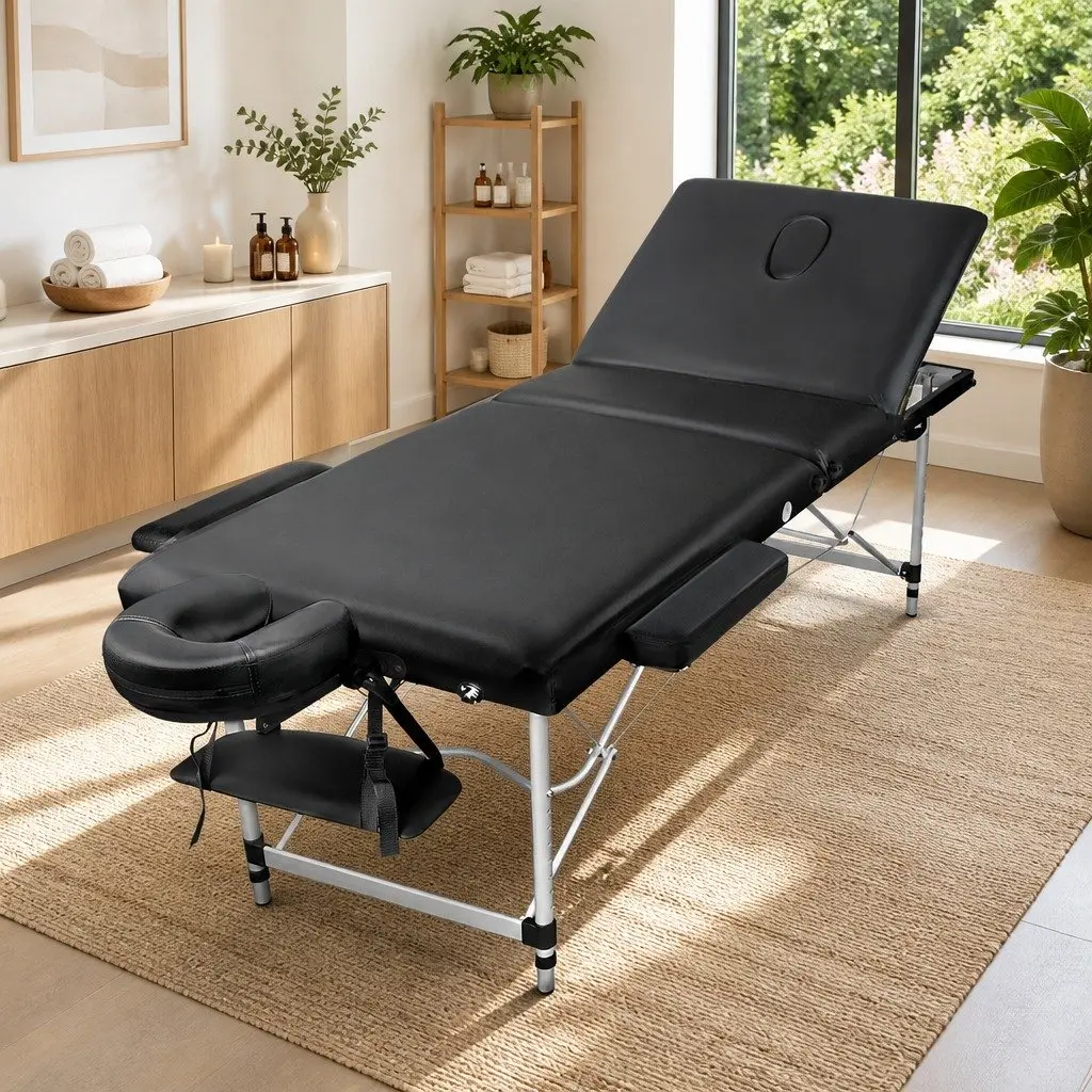 Portable Massage Table Black 60cm 3 Fold Aluminium Lightweight Adjustable Height
