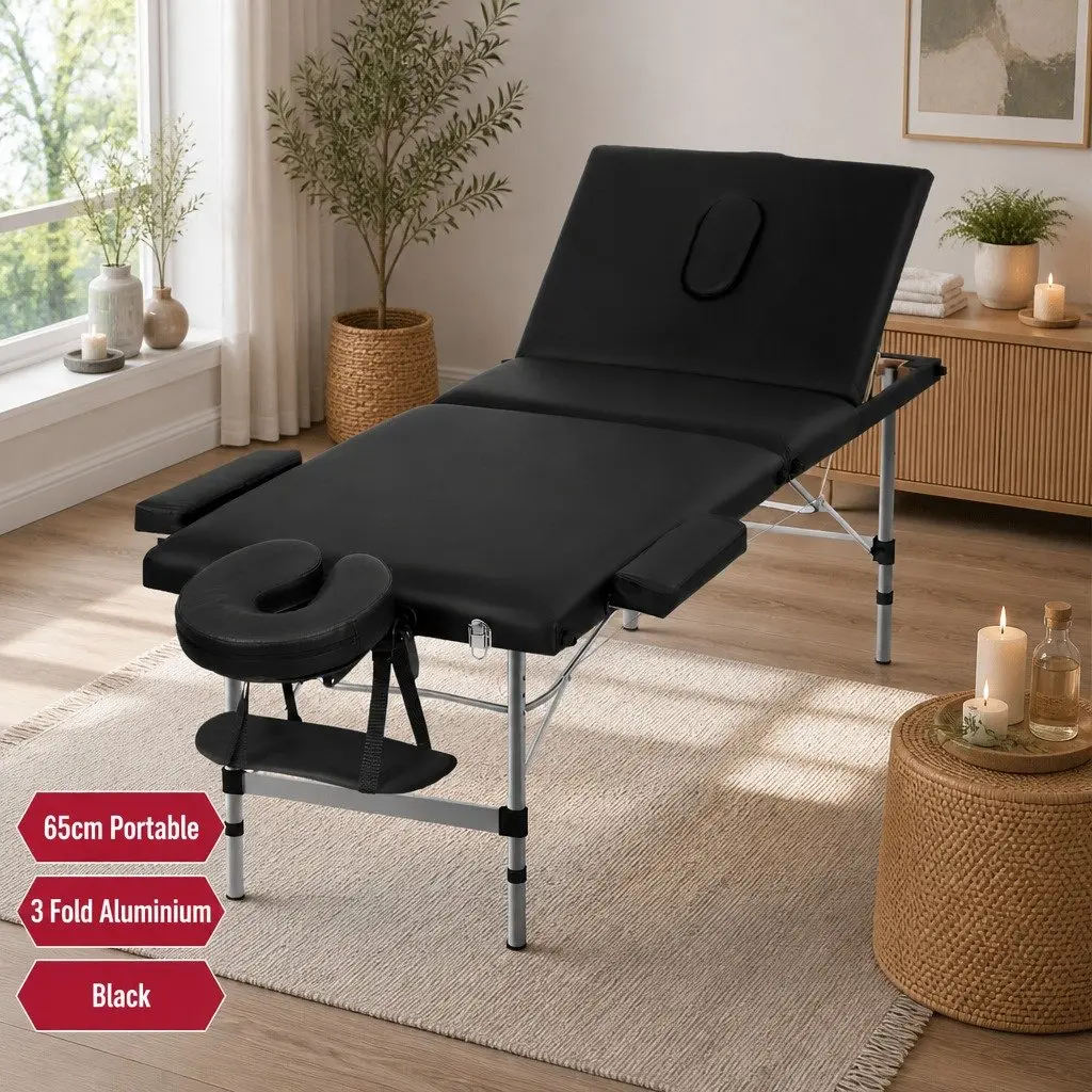 Massage Table Black 65cm Portable 3 Fold Adjustable Height for Therapists and Beauticians