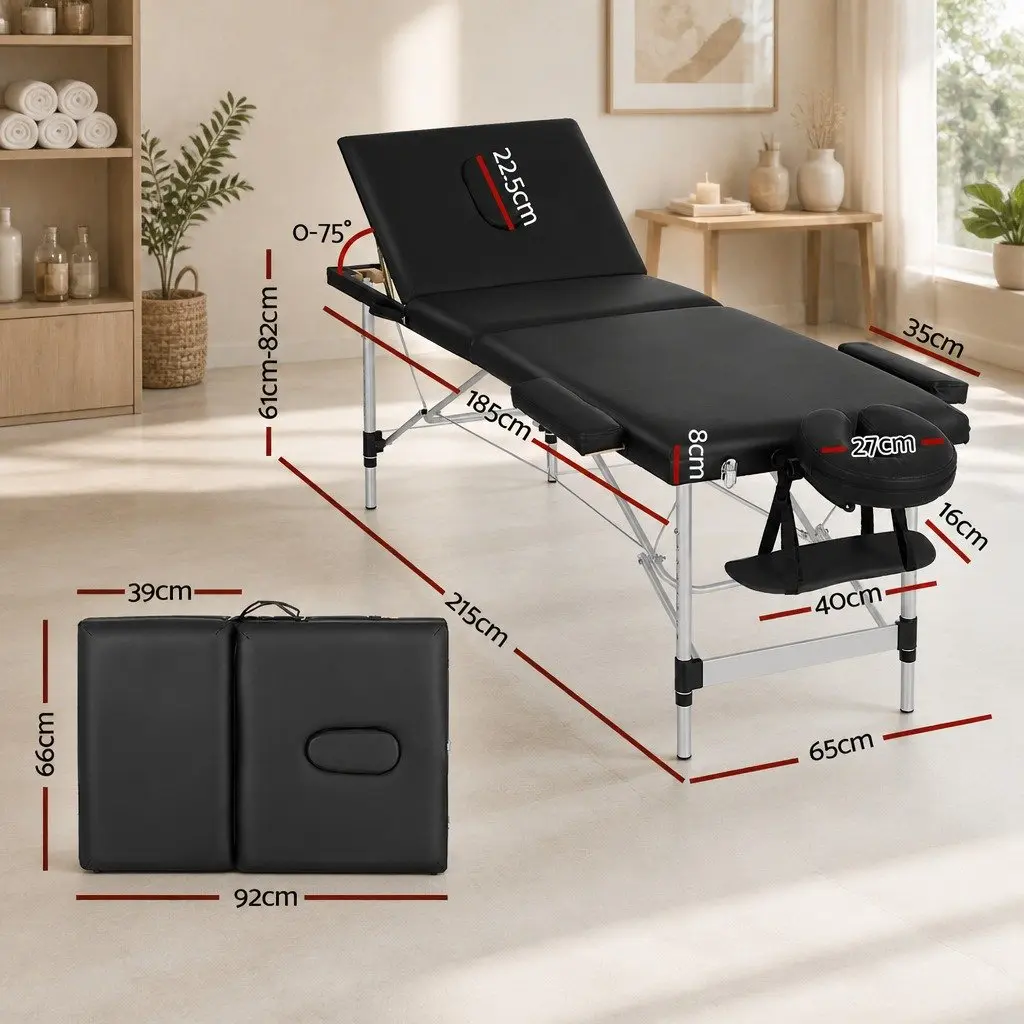 Massage Table Black 65cm Portable 3 Fold Adjustable Height for Therapists and Beauticians