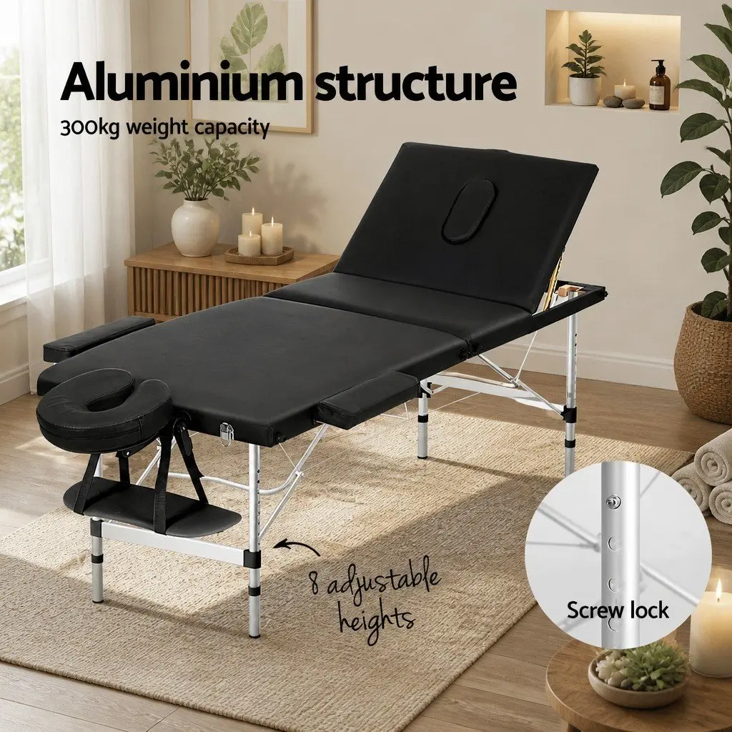 Massage Table Black 65cm Portable 3 Fold Adjustable Height for Therapists and Beauticians
