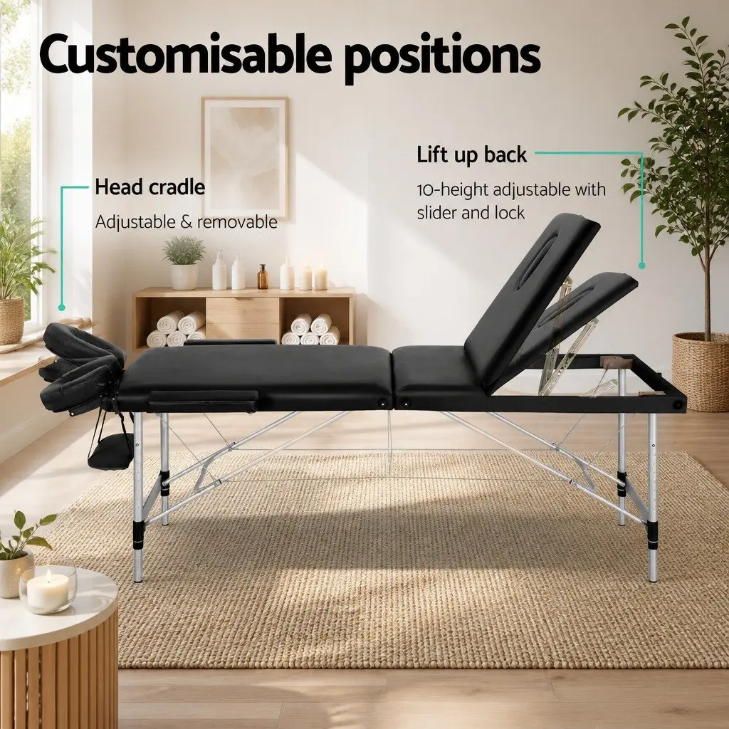 Massage Table Black 65cm Portable 3 Fold Adjustable Height for Therapists and Beauticians