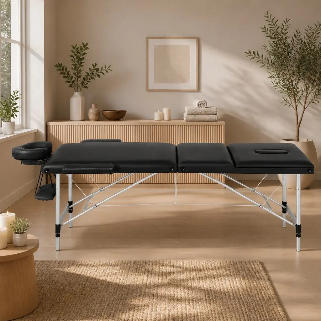 Massage Table Black 65cm Portable 3 Fold Adjustable Height for Therapists and Beauticians